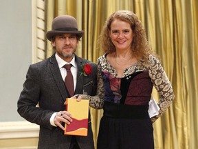Governor General Julie Payette presents Joel Thomas Hynes with the Governor General's Literary Award for English fiction, titled "We'll All Be Burnt in Our Beds Some Night" in Ottawa on Wednesday, November 29, 2017. Hynes says the new CBC series "Little Dog" is about comebacks.