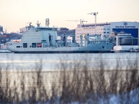 MV Asterisk, the Royal Canadian Navy's new supply ship, is seen in the harbour in Halifax on Friday, Jan. 19, 2018. While the Royal Canadian Navy is chomping at the bit to start using the newest addition to Canada's maritime fleet, a senior officer says the MV Asterix has some key limitations ??? notably that it can't be deployed into war zones.