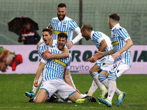 Spal players celebrate a goal during a Serie A soccer match between Crotone and Spal at the Ezio Scida stadium in Crotone, Italy, Sunday, Feb. 25, 2018.