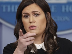 White House press secretary Sarah Huckabee Sanders speaks during the daily news briefing at the White House, in Washington, Monday, Feb. 26, 2018.