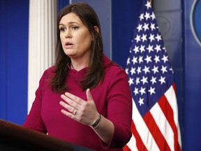 White House press secretary Sarah Huckabee Sanders speaks during the daily news briefing at the White House, Tuesday, Feb. 20, 2018, in Washington.