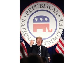 President Donald Trump speaks at the Republican National Committee (RNC) winter meeting in Washington, Thursday, Feb. 1, 2018.