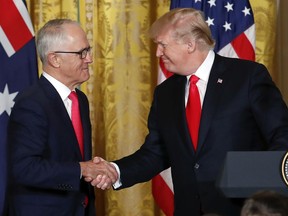 President Donald Trump and Australian Prime Minister Malcolm Turnbull shake hands during a news conference at the White House in Washington, Friday, Feb. 23, 2018.