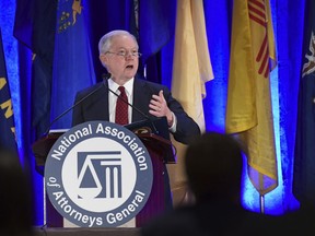 Attorney General Jeff Sessions delivers remarks to the National Association of Attorneys General at their Winter Meeting in Washington, Tuesday, Feb. 27, 2018.