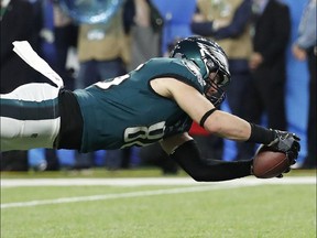 Philadelphia Eagles' tight end Zach Ertz catches a touchdown pass during the Super Bowl.