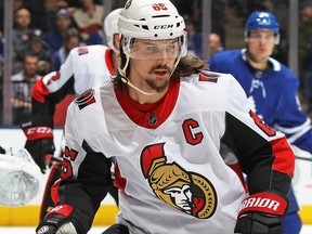 Erik Karlsson of the Ottawa Senators skates against the Toronto Maple Leafs at the Air Canada Centre on February 10, 2018 in Toronto. (Claus Andersen/Getty Images)