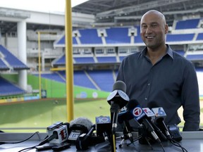 Miami Marlins baseball team CEO Derek Jeter talks with the media during a press conference at Marlins Park in Miami, Tuesday, Feb. 13, 2018.