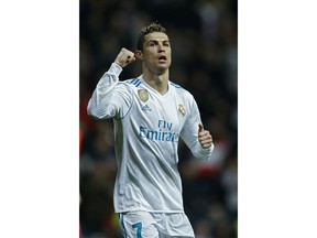 Real Madrid's Cristiano Ronaldo celebrates after scoring his side's fifth goal during a Spanish La Liga soccer match between Real Madrid and Real Sociedad at the Santiago Bernabeu stadium in Madrid, Saturday, Feb. 10, 2018.