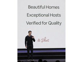 Airbnb co-founder and CEO Brian Chesky talks about a new Plus program during an event Thursday, Feb. 22, 2018, in San Francisco. Airbnb is dispatching inspectors to rate a new category of properties listed on its home-rental service in an effort to reassure travelers they're booking nice places to stay. The program is aimed at winning over travelers who aren't sure they can trust the computer-driven system that Airbnb uses to assess the quality of rentals.