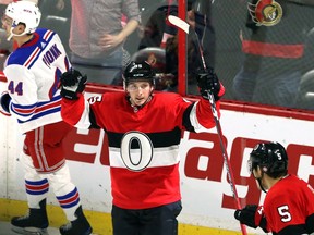 Ottawa Senators centre Matt Duchene (95) celebrates his goal against the New York Ranger during second period NHL hockey action in Ottawa on Saturday, Feb. 17, 2018.