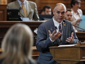 FILE - In this Feb. 12, 2018 file photo, Sen. Bruce Thompson, R - White, speaks about the the computer crime bill in Atlanta. Republican Attorney General Christopher Carr has backed a proposal that would ban "unauthorized computer access." The measure has passed the Senate and awaits action in the House.