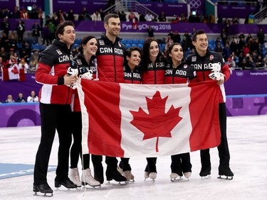 Scott Moir, Tessa Virtue, Eric Radford, Meagan Duhamel, Kaetlyn Osmond, Gabrielle Daleman, Patrick Chan, gold in team figure skating.