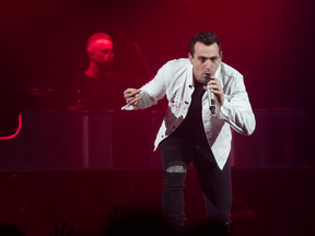 Jacob Hoggard, frontman for the rock group Hedley, performs during the band's concert in Halifax on Feb. 23, 2018.