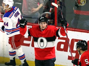 Senators centre Matt Duchene celebrates his goal against the New York Ranger during second period NHL action in Ottawa on Saturday.