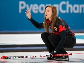 Rachel Homan of Canada during a game against Switzerland in women's curling at the Pyeongchang Olympics on Feb. 18, 2018