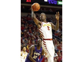 Iowa State's Cameron Lard (2) takes a shot on TCU's Kouat NoiHear (12) in the first half during the first half of an NCAA college basketball game, Wednesday, Feb. 21, 2018, in Ames, Iowa.