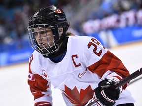Canadian captain Marie-Philip Poulin skates against the Olympic Athletes from Russia on Feb. 19.