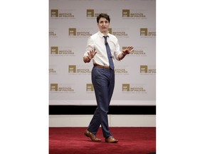Canadian Prime Minister Justin Trudeau delivers his remarks at the University of Chicago Institute of Politics Wednesday, Feb. 7, 2018, in Chicago.