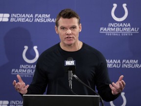 Indianapolis Colts general manager Chris Ballard answers questions during a press conference at the NFL team's practice facility in Indianapolis, Wednesday, Feb. 7, 2018.