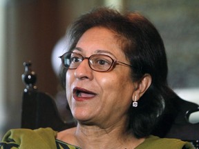FILE - In this June 14, 2017 file photo, Pakistani human rights activist Asma Jehangir speaks to The Associated Press in Lahore, Pakistan. Jahangir died of a heart attack in the eastern city of Lahore on Sunday, Feb. 11, 2018. She was 66.