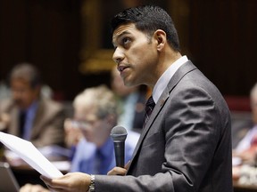 FILE - In this March 4, 2015 file photo, Arizona House Majority Leader Steve Montenegro, R-Avondale, speaks during a legislative session at the Arizona Capitol in Phoenix. A special election to replace a Republican congressman from Arizona who resigned amid sexual misconduct allegations has turned into a slugfest among GOP candidates hoping to fill former U.S. Rep. Trent Franks' seat. The contest includes admissions by Montenegro, that he received sex-tinged messages from a state Senate staffer and accusations former state Sen. Debbie Lesko improperly tapped her state campaign funds to support her effort.