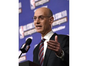 National Basketball Association commissioner Adam Silver speaks to the media during All-Star basketball game festivities, Saturday, Feb. 17, 2018, in Los Angeles.