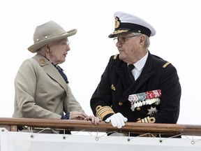 FILE - In this June 23, 2017 file photo Danish Queen Margrethe and Prince Henrik arrive at Aarhus Harbour aboard the Royal Yacht Dannebrog. Denmark's royal palace says Crown Prince Frederik has left the Winter Olympics in South Korea to rush home because the condition of his father _ Queen Margrethe's French-born husband Prince Henrik _ has "seriously worsened." Henrik was hospitalized Jan. 28 for a lung infection.