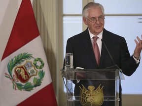 U.S. Secretary of State Rex Tillerson, speaks during a press conference at the Foreign Ministry in Lima, Peru, Monday, Feb. 5, 2018. Tillerson is on a weeklong trip to Latin America.