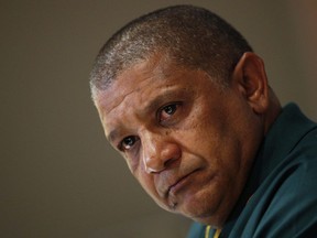 FILE - In this Thursday, Nov. 16, 2017 file photo, South Africa's rugby coach Allister Coetzee attends a press conference in Paris ahead of their international rugby match against France on Saturday. South Africa rugby coach Allister Coetzee has left his role after two years in charge. SA Rugby says on Friday Feb. 2, 2018, it reached an agreement with Coetzee "to part ways with immediate effect" and a replacement will be announced this month.
