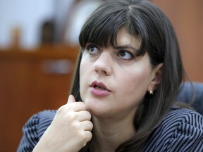 FILE - In this file photo dated Tuesday, June 7, 2016, Romania's chief anti-corruption prosecutor Laura Codruta Kovesi speaks during an interview with the Associated Press in Bucharest, Romania.  Romania's justice minister Tudorel Toader says there are serious concerns about the way Laura Codruta Kovesi does her job and she will be asked to answer accusations, which Kovesi denies.