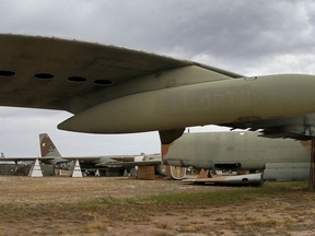 FILE - In this Thursday, May 21, 2015 file photo, the 39th and final B-52G Stratofortress, tail number 58-0224, accountable under the New START Treaty (Strategic Arms Reduction Treaty) with Russia, is shown at the 309th Aerospace Maintenance and Regeneration Group boneyard at Davis-Monthan Air Force Base in Tucson, Ariz. Russia says it has met the nuclear arsenal limits of a key arms control treaty but has some issues with U.S. compliance. Monday, Feb. 5, 2018 was the deadline to verify compliance by both the United States and Russia with the New START treaty signed in 2010.