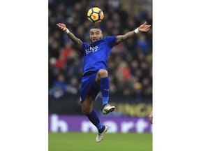 Leicester City's Danny Simpson controls the ball during the game against Swansea, during their English Premier League soccer match at the King Power Stadium in Leicester, England, Saturday Feb. 3, 2018.