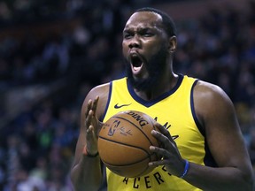 Indiana Pacers center Al Jefferson argues a call during the first quarter of an NBA basketball game against the Boston Celtics in Boston, Friday, Feb. 9, 2018.