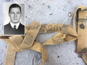 The recovered parachute harness of Lt. Barry Troy, who was killed in a 1958 training crash off the coast of Florida.