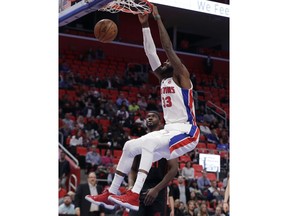 Detroit Pistons center Willie Reed dunks during the second half of an NBA basketball game against the Portland Trail Blazers, Monday, Feb. 5, 2018, in Detroit.