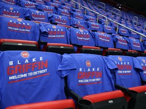 T-Shirts welcoming Detroit Pistons forward Blake Griffin cover the seats at Little Caesars Arena before an NBA basketball game against the Memphis Grizzlies Thursday, Feb. 1, 2018, in Detroit.