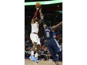 Cleveland Cavaliers forward LeBron James (23) takes a shot against Detroit Pistons center Andre Drummond (0) during the second half of an NBA basketball game Tuesday, Jan. 30, 2018, in Detroit. The Pistons defeated the Cavaliers 125-114.