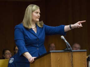 Michigan Assistant Attorney General Angela Povilaitis points at Larry Nassar while giving her closing statement during Nassar's sentencing at Eaton County Circuit Court in Charlotte, Mich.,  Monday, Feb. 5, 2018. The former Michigan State University sports-medicine and USA Gymnastics doctor received 40 to 125 years for three first degree criminal sexual abuse charges related to assaults that occurred at Twistars, a gymnastics facility in Dimondale. Nassar has also been sentenced to 60 years in prison for three child pornography charges in federal court and between 40 to 175 years in Ingham County for seven counts of criminal sexual conduct.
