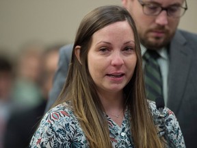 In this Jan. 23, 2018, photo, Brianne Randall-Gay gives her victim statement during Larry Nassar's sentencing at the Ingham County Circuit Court in Lansing, Mich., Tuesday, Jan. 23, 2018. As a teenager Randall-Gay complained to the Meridian Township police department in 2004 that Nassar had molested her during treatment for an abnormal spine, an official said Wednesday, Jan. 31.