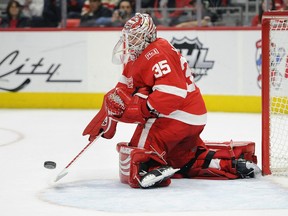 Detroit Red Wings goaltender Jimmy Howard makes a save against the Buffalo Sabres during the first period of an NHL hockey game Thursday, Feb. 22, 2018, in Detroit.