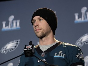 Philadelphia Eagles quarterback Nick Foles (9) takes part in a media availability for the NFL Super Bowl 52 football game Thursday, Feb. 1, 2018, in Minneapolis. Philadelphia is scheduled to face the New England Patriots Sunday.