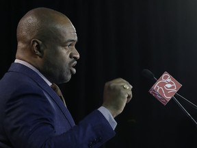 DeMaurice Smith, executive director of the NFL Players Association, speaks during a news conference at the NFL Super Bowl 52 Thursday, Feb. 1, 2018, in Minneapolis.