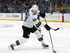 San Jose Sharks' Melker Karlsson (68) shoots the puck during the first period of an NHL hockey game against the St. Louis Blues, Tuesday, Feb. 20, 2018, in St. Louis.