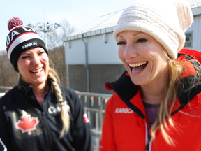 Bobsledders Alysia Rissling (L) and Heather Moyse of Canadaat the Olympic Sliding Centre