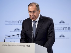 Russia's foreign minister, Sergey Lavrov, speaks at the Security Conference in Munich, Germany, Saturday, Feb. 17, 2018.