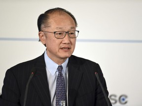 Jim Yong Kim, President of the World Bank speaks at the Security Conference in Munich, Germany, Saturday, Feb. 17, 2018.