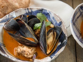 Mussels with red curry broth and lemongrass