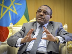 FILE - In this Thursday, March 17, 2016 file photo, Ethiopia's Prime Minister Hailemariam Desalegn speaks to The Associated Press at his office in the capital Addis Ababa, Ethiopia. Prime Minister since 2012, Desalegn has submitted a resignation letter amid nationwide anti-government protests, the state-affiliated Fana Broadcasting Corporate said Thursday, Feb. 15, 2018.