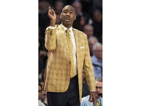 Wake Forest head coach Danny Manning coaches from the sidelines in the first half of an NCAA men's basketball game against Notre Dame on Saturday, Feb. 24, 2018, at the Joel Coliseum in Winston-Salem, N.C.