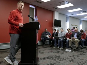 Nebraska coach Scott Frost speaks to journalists during an NCAA college football signing day news conference in Lincoln, Neb., Wednesday, Feb. 7, 2018.